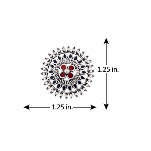 Voylla Ethnic Silver Oxidised Plating Brass Mandala Design Floral Stud with Red Stone Enamelled Oxidized Round shaped Stud Earrings for Women and Girls - Image 5