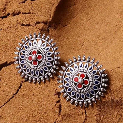 Voylla Ethnic Silver Oxidised Plating Brass Mandala Design Floral Stud with Red Stone Enamelled Oxidized Round shaped Stud Earrings for Women and Girls - Image 2