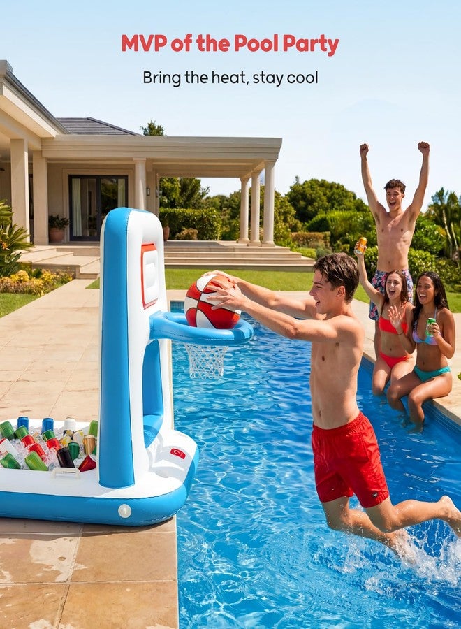 QPAU Pool Basketball Hoop with Built-in Cooler, 42" Poolside & Floating Inflatable Basketball Hoop for Family Pool Party - Swimming Pool Games for Kids & Adults, Includes 2 Balls & Pumps (Blue) - Image 2
