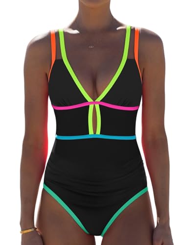 popvil Women One Piece Swimsuit 2026 Tummy Control Sexy Cutout Neon Color Block Bathing Suit Slimming Adjustable Swimwear, Black X-Large - Image 1