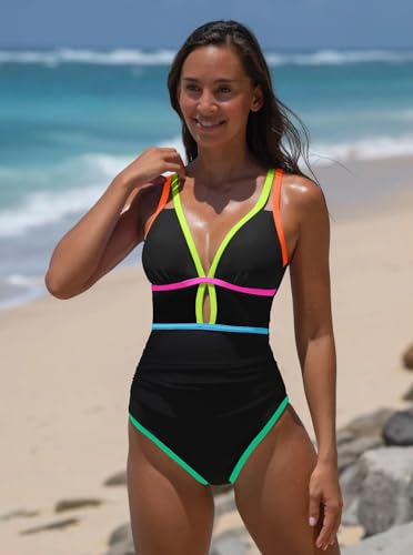 popvil Women One Piece Swimsuit 2026 Tummy Control Sexy Cutout Neon Color Block Bathing Suit Slimming Adjustable Swimwear, Black X-Large - Image 5