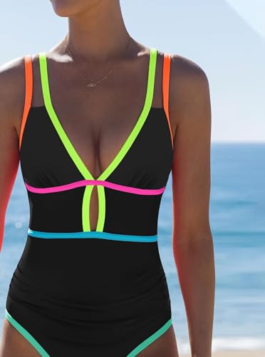 popvil Women One Piece Swimsuit 2026 Tummy Control Sexy Cutout Neon Color Block Bathing Suit Slimming Adjustable Swimwear, Black X-Large - Image 3