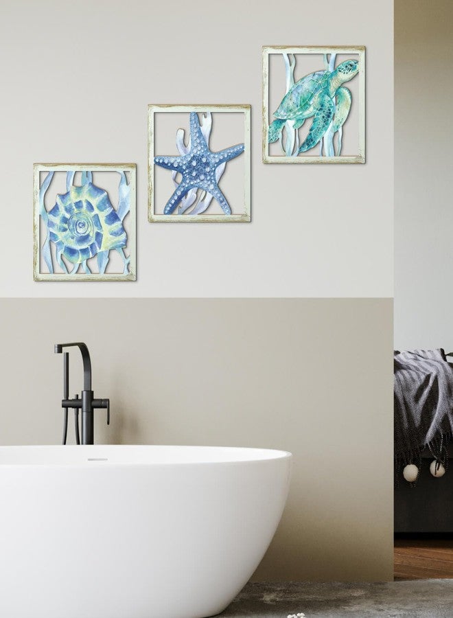 Putuo Decor Coastal Sea Turtle Starfish Shell Wall Decor Set of 3, Nautical Ocean Theme Bathroom Bedroom Living Room Decor, Rustic Beach-Style Coastal Artwork for Home - Image 5