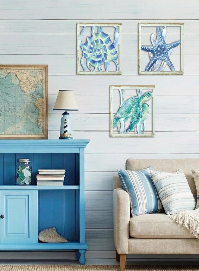 Putuo Decor Coastal Sea Turtle Starfish Shell Wall Decor Set of 3, Nautical Ocean Theme Bathroom Bedroom Living Room Decor, Rustic Beach-Style Coastal Artwork for Home - Image 4