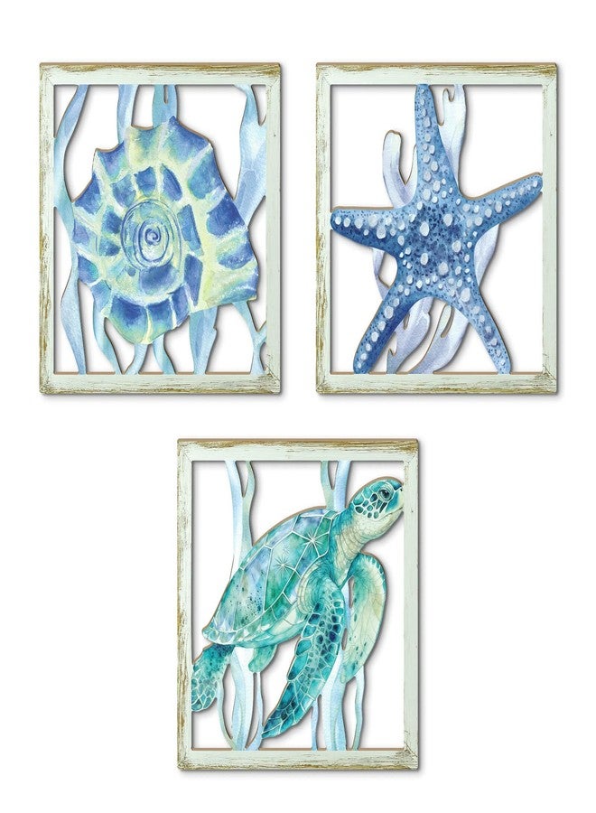 Putuo Decor Coastal Sea Turtle Starfish Shell Wall Decor Set of 3, Nautical Ocean Theme Bathroom Bedroom Living Room Decor, Rustic Beach-Style Coastal Artwork for Home - Image 1