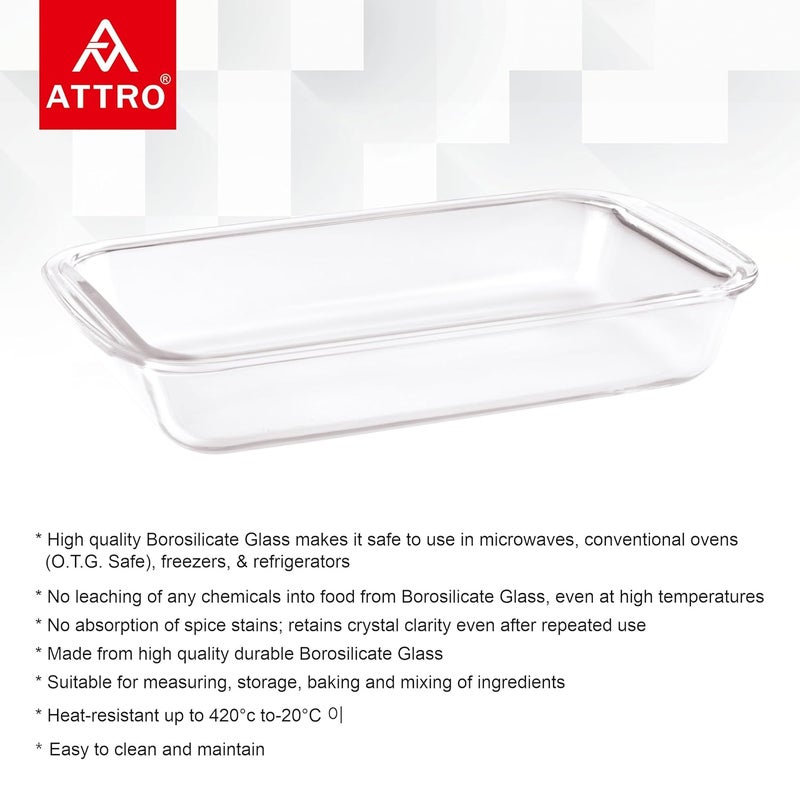 ATTRO Glassox Borosilicate Rectangle Glass Baking Dish Micorwave Oven Safe Freezer Safe Baking Tray Serving Dish Bakeware- 1600ml - Image 2