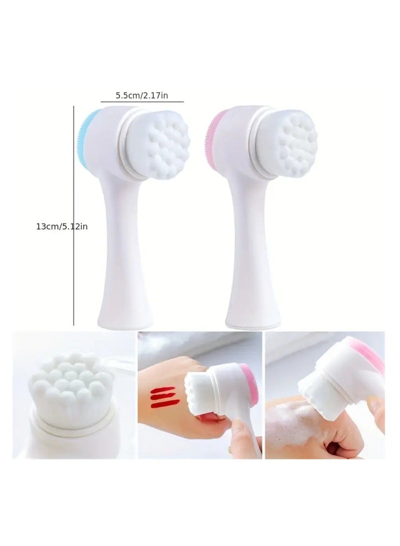 أوريتي قطعتان من فرشاة غسل الوجه المزدوجة المصنوعة من السيليكون الناعم، فرشاة تنظيف يدوية منزلية، فرشاة غسل الوجه ثلاثية الأبعاد، فرشاة تدليك مزدوجة الأغراض، زرقاء - Image 2