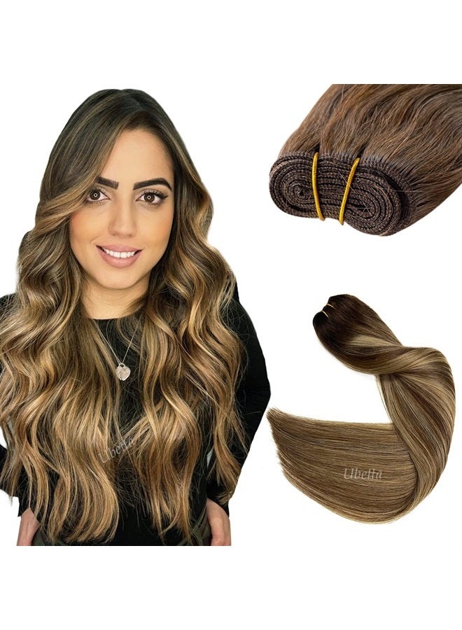 Ubetta Sew in Hair Extensions Real Human Hair,Ombre Brown and Caramel Blonde Highlights Weft Hair Extensions Human Hair Balayage Sew in Weft Extensions,120G 24 Inch Hand Tied Weft Hair Extensions Human Hair - Image 1