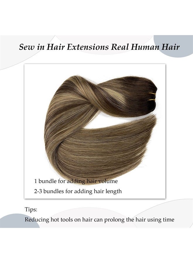 Ubetta Sew in Hair Extensions Real Human Hair,Ombre Brown and Caramel Blonde Highlights Weft Hair Extensions Human Hair Balayage Sew in Weft Extensions,120G 24 Inch Hand Tied Weft Hair Extensions Human Hair - Image 4