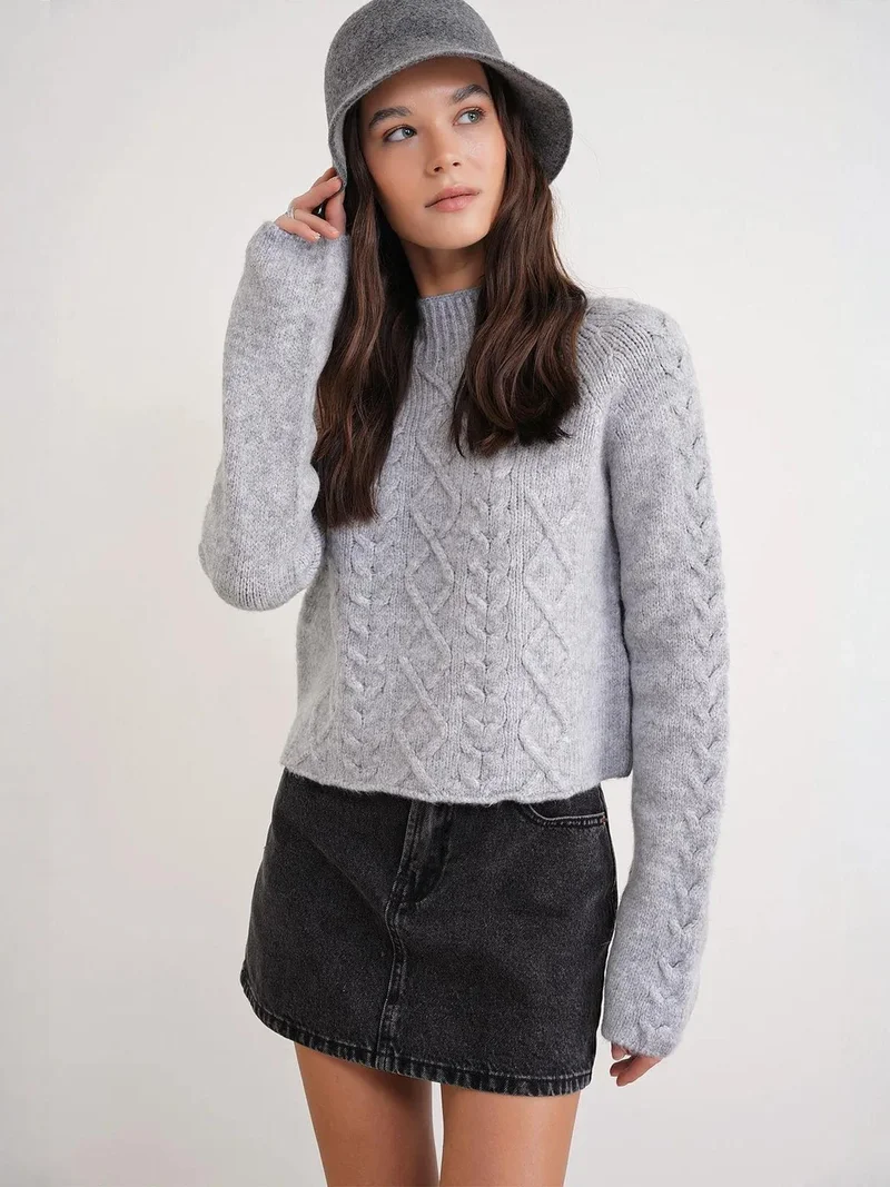 Mixray Grey Mixray Argyle Half-Turtleneck Ribbed Knit Sweater for Women | Best Price UAE