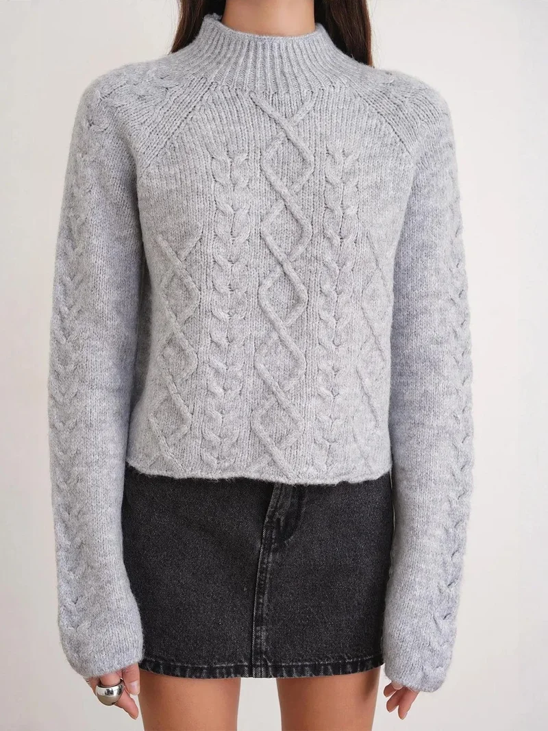Mixray Grey Mixray Argyle Half-Turtleneck Ribbed Knit Sweater for Women | Best Price UAE