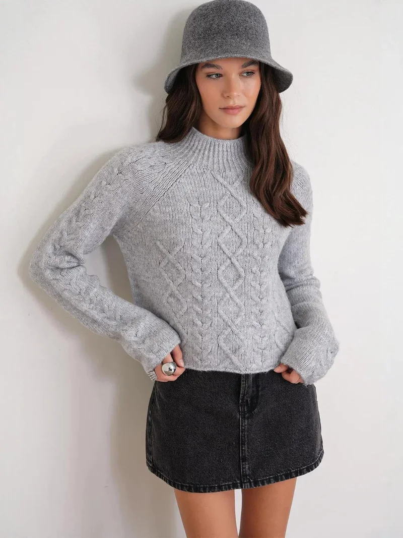 Mixray Grey Mixray Argyle Half-Turtleneck Ribbed Knit Sweater for Women | Best Price UAE