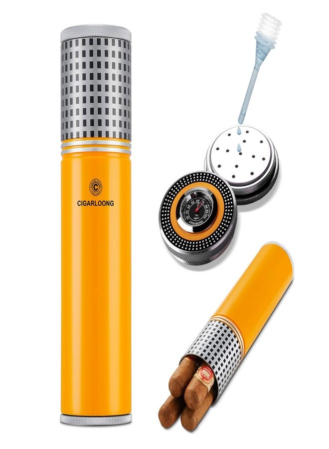 hancigar Cigar Travel Humidor for 3 to 4 Cigars Stainless Steel Portable Travel Cigar Tube Built in Hygrometer & Humidifier, Yellow，Gifts for Men - Image 1