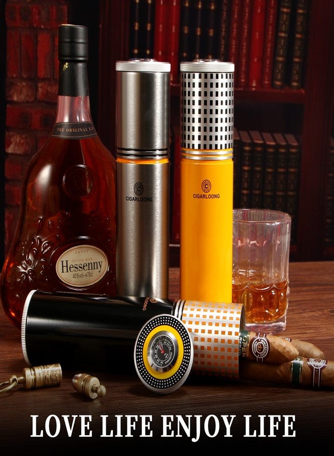 hancigar Cigar Travel Humidor for 3 to 4 Cigars Stainless Steel Portable Travel Cigar Tube Built in Hygrometer & Humidifier, Yellow，Gifts for Men - Image 2