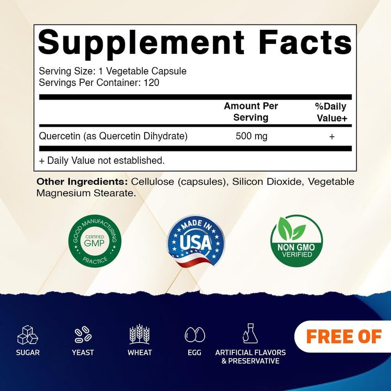 Vitamatic Quercetin 500 mg 120 Vegetarian Capsules NonGMO Gluten Free Vegan  Supports Cardiovascular Health - Image 2