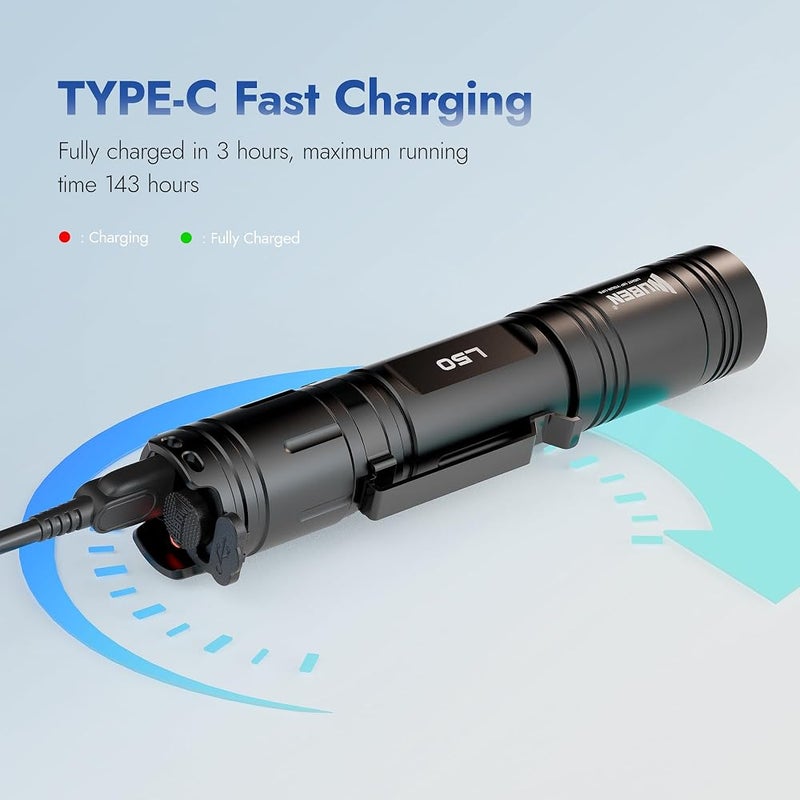 WUBEN L50 Torches LED Rechargeable Flashlight,1200 Lumens Tactical Flashlight Rechargeable Torch Light 5 Modes Super Bright Flashlight for Searching, Camping, Emergency, Tool Gifts for Men 2Pcs Packs - Image 3