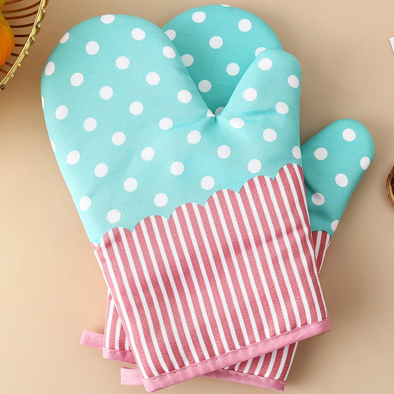 Pastoral Style Thickened Heat Insulation Gloves Oven Baking Polyester Cotton Wear-resistant Microwave Gloves Kitchen Anti-scalding Gloves in Stock Blue dots Blue dots