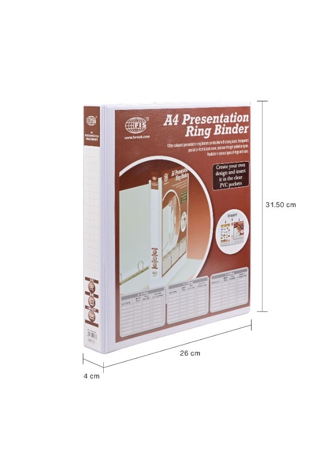 FIS Presentation Binder A4 Size(210x297mm) Documents, 2[D] Ring Type, 20mm Ring Size, 1.50 Inches Spine Size with Clear PVC Pocket for Your Label Design, Box of 10 Pieces, White Color-FSBD220DPB10 - Image 1