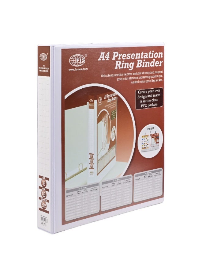 FIS Presentation Binder A4 Size(210x297mm) Documents, 2[D] Ring Type, 20mm Ring Size, 1.50 Inches Spine Size with Clear PVC Pocket for Your Label Design, Box of 10 Pieces, White Color-FSBD220DPB10 - Image 2