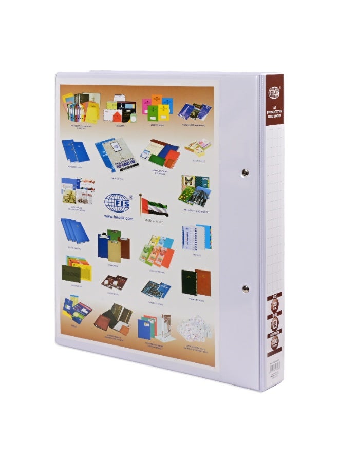 FIS Presentation Binder A4 Size(210x297mm) Documents, 2[D] Ring Type, 20mm Ring Size, 1.50 Inches Spine Size with Clear PVC Pocket for Your Label Design, Box of 10 Pieces, White Color-FSBD220DPB10 - Image 3