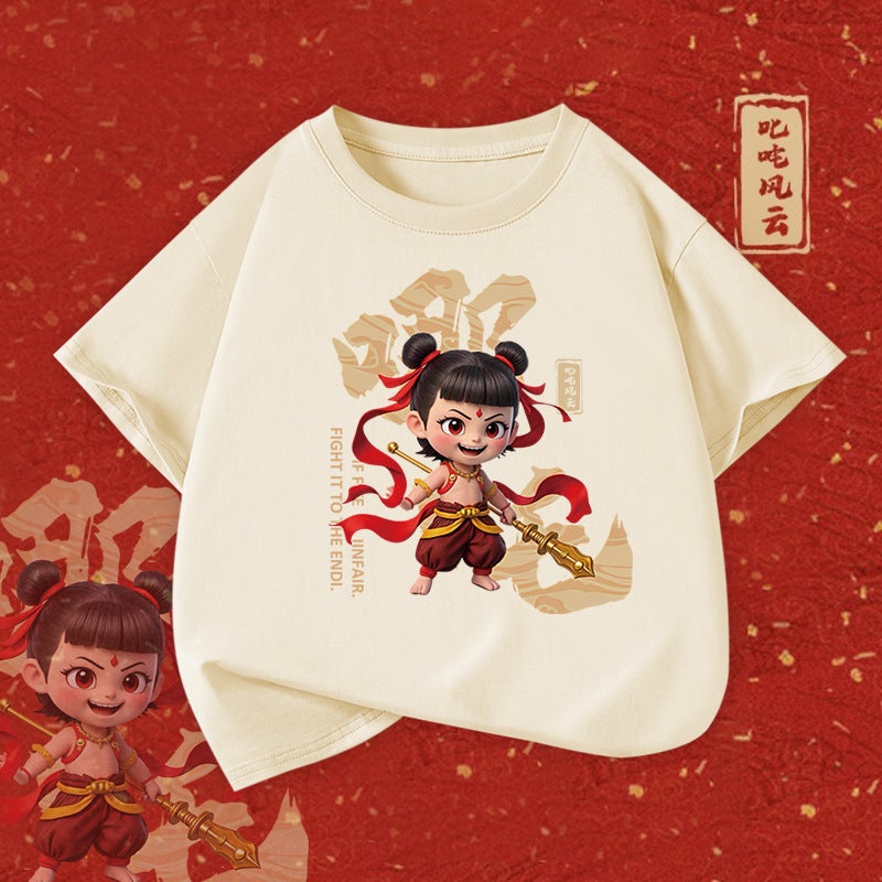 Boys' Pure Cotton Short-Sleeved Nezha Cartoon Summer Style Medium And Large Kidsren'S Loose Kidsren'S Casual Breathable T-Shirt - Image 5