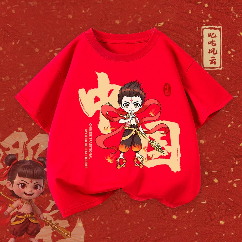 Boys' Pure Cotton Short-Sleeved Nezha Cartoon Summer Style Medium And Large Kidsren'S Loose Kidsren'S Casual Breathable T-Shirt - Image 2