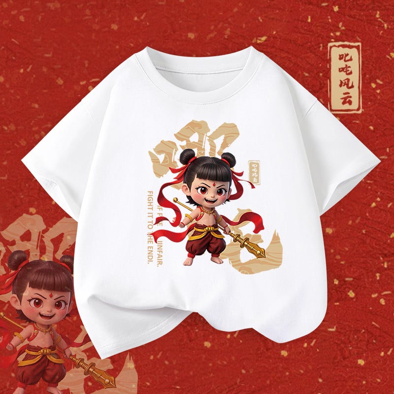 Boys' Pure Cotton Short-Sleeved Nezha Cartoon Summer Style Medium And Large Kidsren'S Loose Kidsren'S Casual Breathable T-Shirt - Image 1