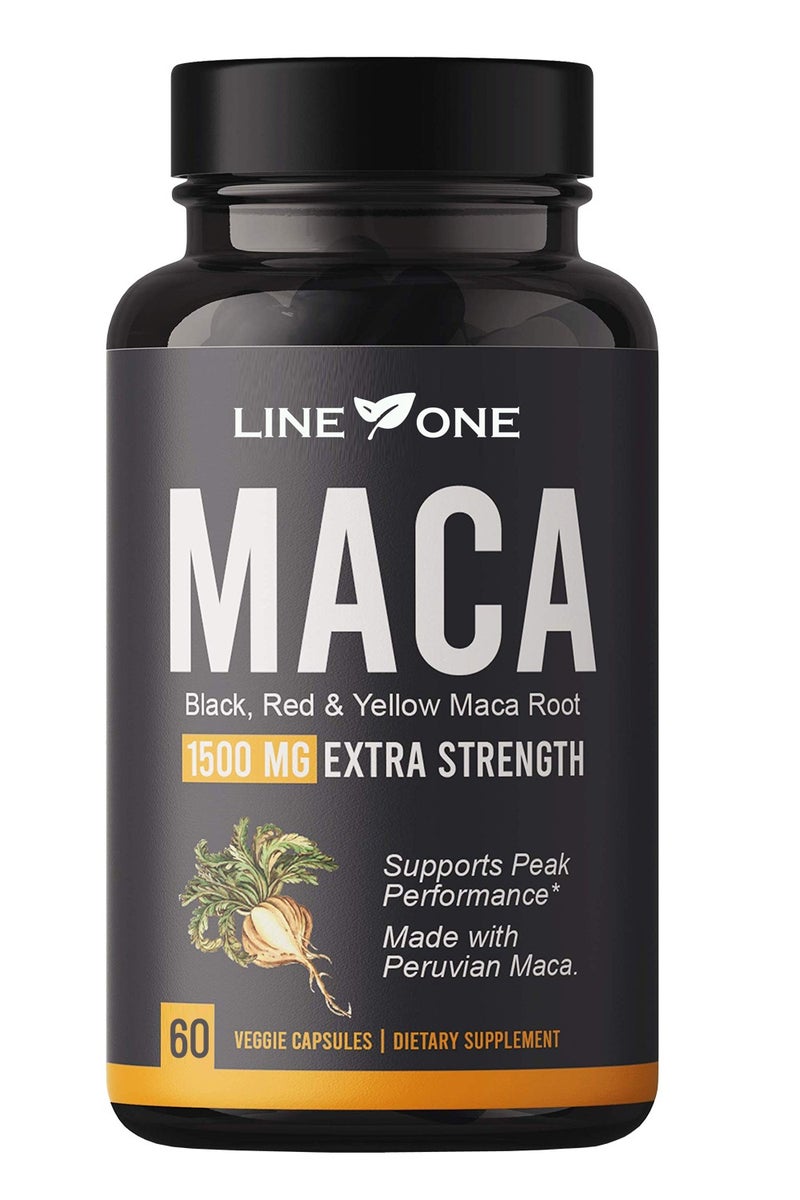 LINE ONE Organic Maca Root Powder Capsules 1500 mg with Black + Red + Yellow Peruvian Maca Root Extract Supplement for Men and Women - Vegan Pills - Image 1