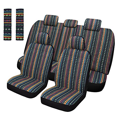 Pariitadin Baja Saddle Blanket Car Seat Covers Full Set with Seat Belt Pads, Washable Breathable Striped Woven Cloth Seat Covers for Cars Interior, Universal Fit Most Cars, Airbag Compatible, Red/Blue - Image 1