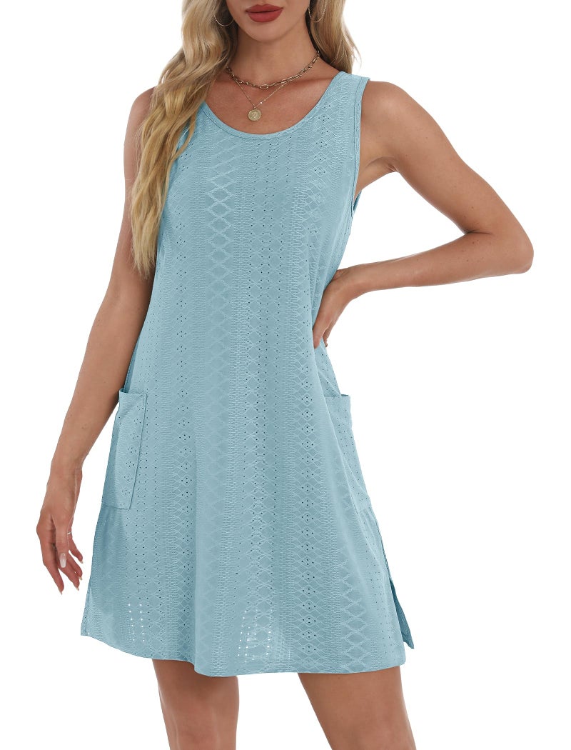 BKRIVE Summer Dresses for Women 2026 Trendy Casual Loose Sleeveless Dress Sundresses with Pockets Swimsuit Coverup Light Blue M - Image 4