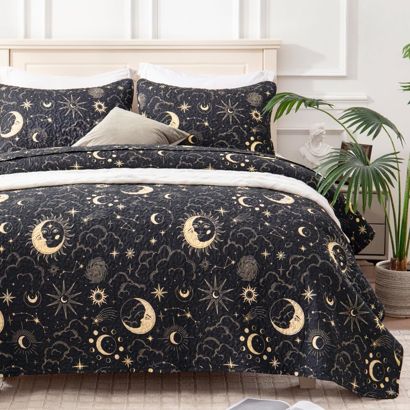 EXQ Home Quilt Set Full Queen Size Black Print 3 Piece,Lightweight Soft Coverlet Modern Style Sun Starry Pattern Bedspread Set(1 Quilt,2 Pillow Shams) - Image 1