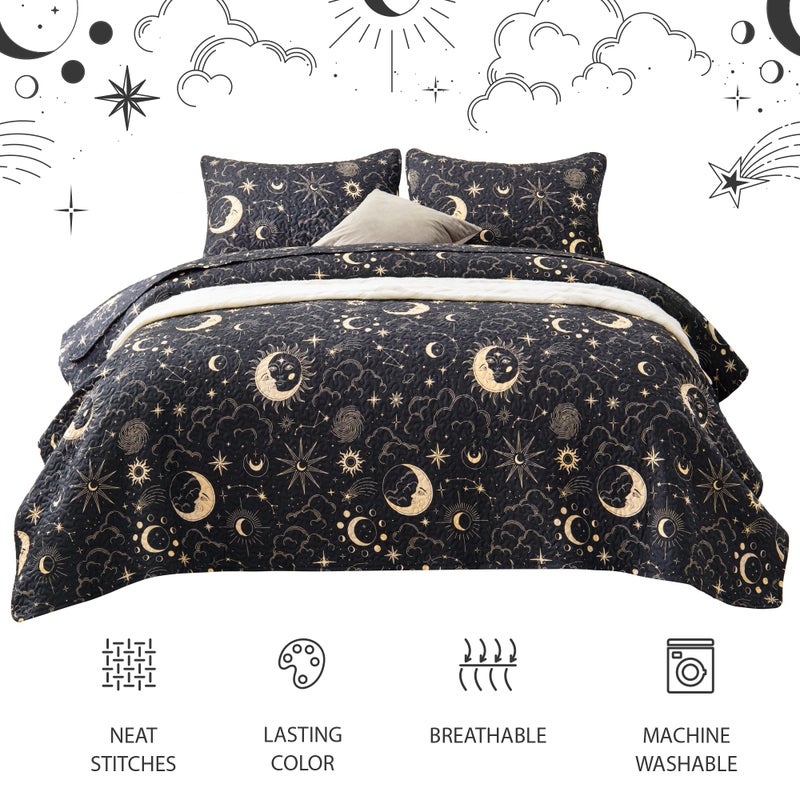 EXQ Home Quilt Set Full Queen Size Black Print 3 Piece,Lightweight Soft Coverlet Modern Style Sun Starry Pattern Bedspread Set(1 Quilt,2 Pillow Shams) - Image 3
