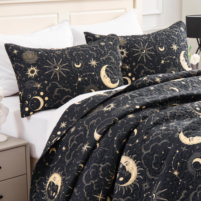 EXQ Home Quilt Set Full Queen Size Black Print 3 Piece,Lightweight Soft Coverlet Modern Style Sun Starry Pattern Bedspread Set(1 Quilt,2 Pillow Shams) - Image 2