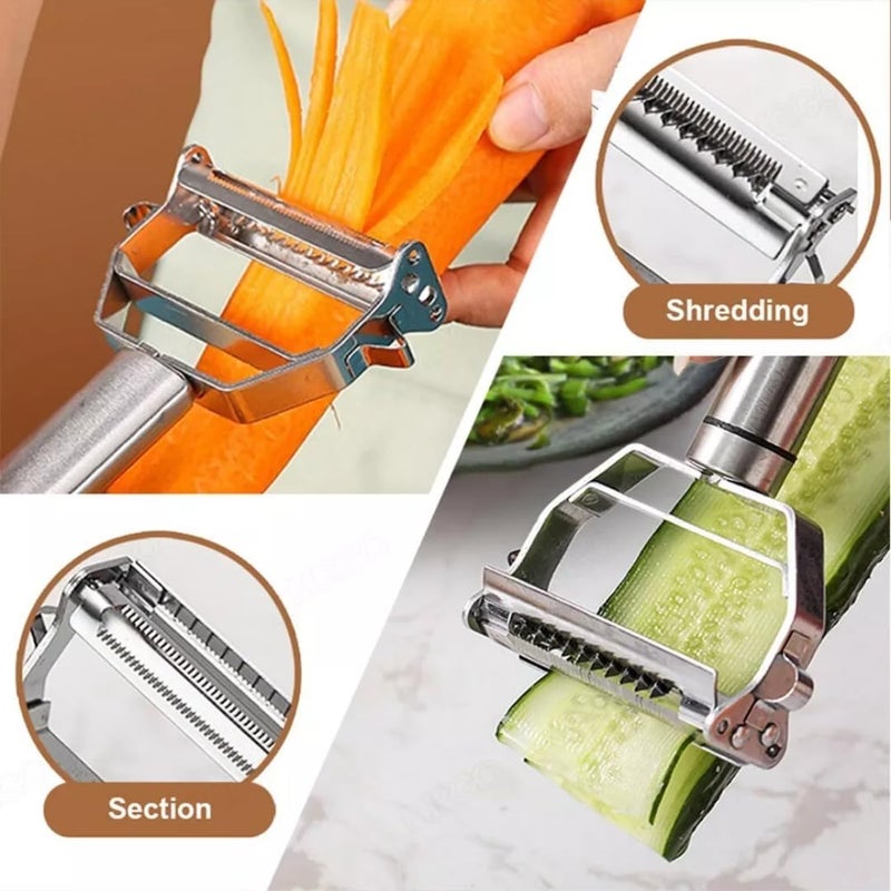 GO Store 2 in 1 Stainless Steel Julienne Vegetable Peeler Multi-Functional Fruit & Veggie Shredder Slicer and Grater for Potatoes, Carrots, Cucumbers (Silver, 18 x 8.2 x 2.4 cm) - Image 3