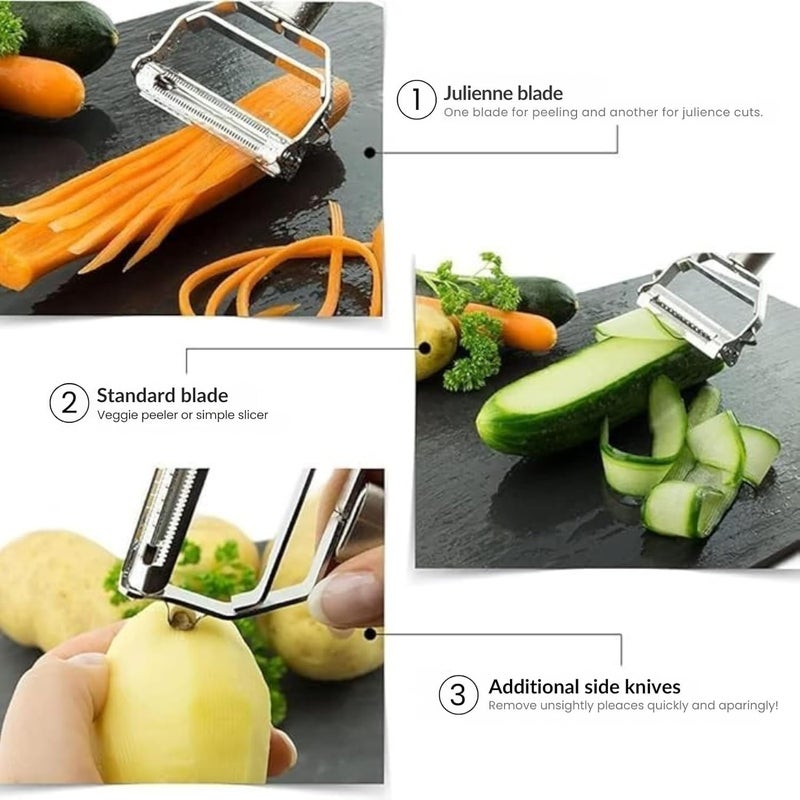 GO Store 2 in 1 Stainless Steel Julienne Vegetable Peeler Multi-Functional Fruit & Veggie Shredder Slicer and Grater for Potatoes, Carrots, Cucumbers (Silver, 18 x 8.2 x 2.4 cm) - Image 5