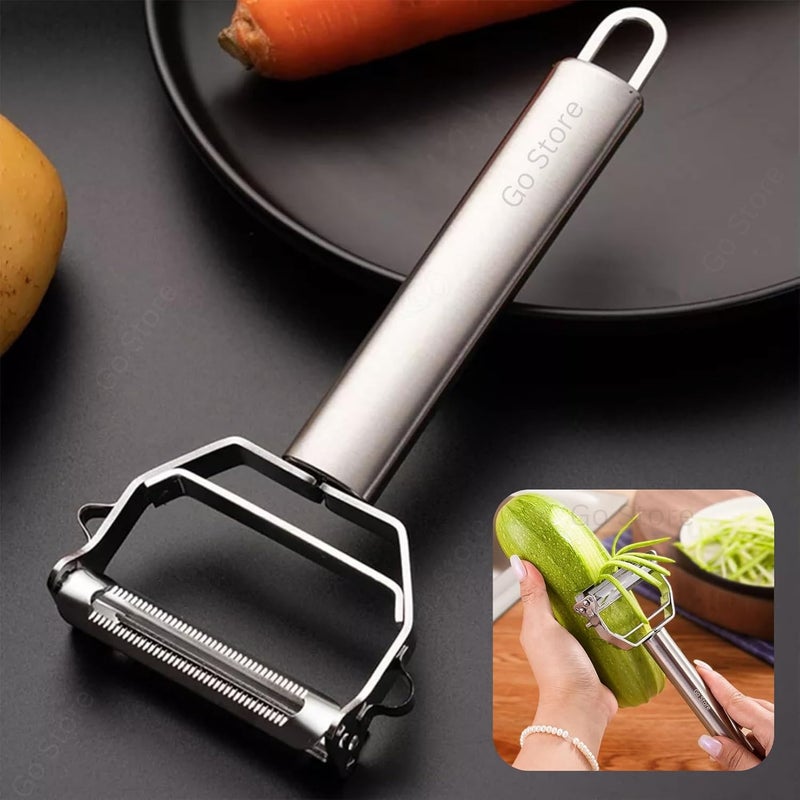 GO Store 2 in 1 Stainless Steel Julienne Vegetable Peeler Multi-Functional Fruit & Veggie Shredder Slicer and Grater for Potatoes, Carrots, Cucumbers (Silver, 18 x 8.2 x 2.4 cm) - Image 1