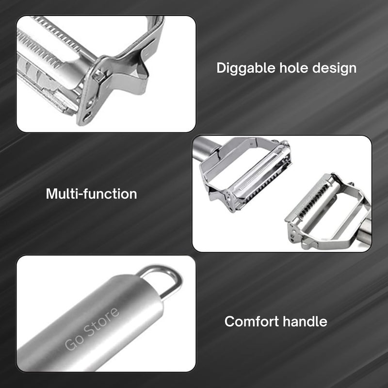 GO Store 2 in 1 Stainless Steel Julienne Vegetable Peeler Multi-Functional Fruit & Veggie Shredder Slicer and Grater for Potatoes, Carrots, Cucumbers (Silver, 18 x 8.2 x 2.4 cm) - Image 4