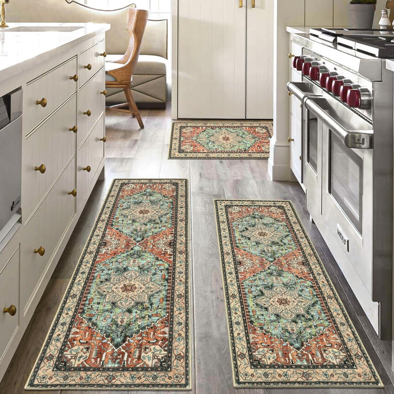 Yamaziot Boho Washable Kitchen Rugs Sets of 3 Non Slip Kitchen Mats for Floor with Rubber Backing Waterproof Stain Resistant Thick Carpet Runner Throw Rug for Kitchen Laundry Room Hallway - Image 2