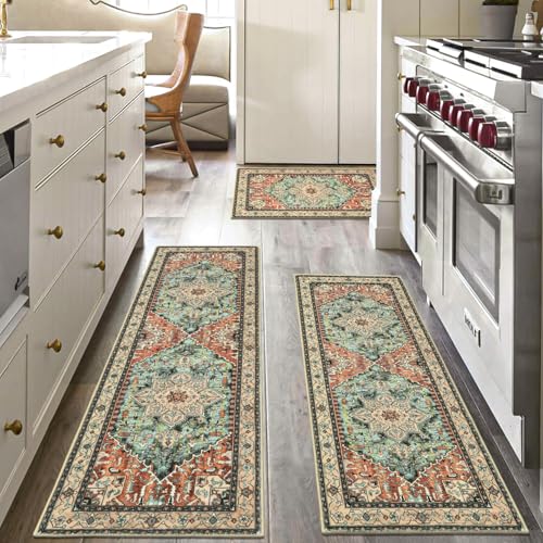 Yamaziot Boho Washable Kitchen Rugs Sets of 3 Non Slip Kitchen Mats for Floor with Rubber Backing Waterproof Stain Resistant Thick Carpet Runner Throw Rug for Kitchen Laundry Room Hallway - Image 1