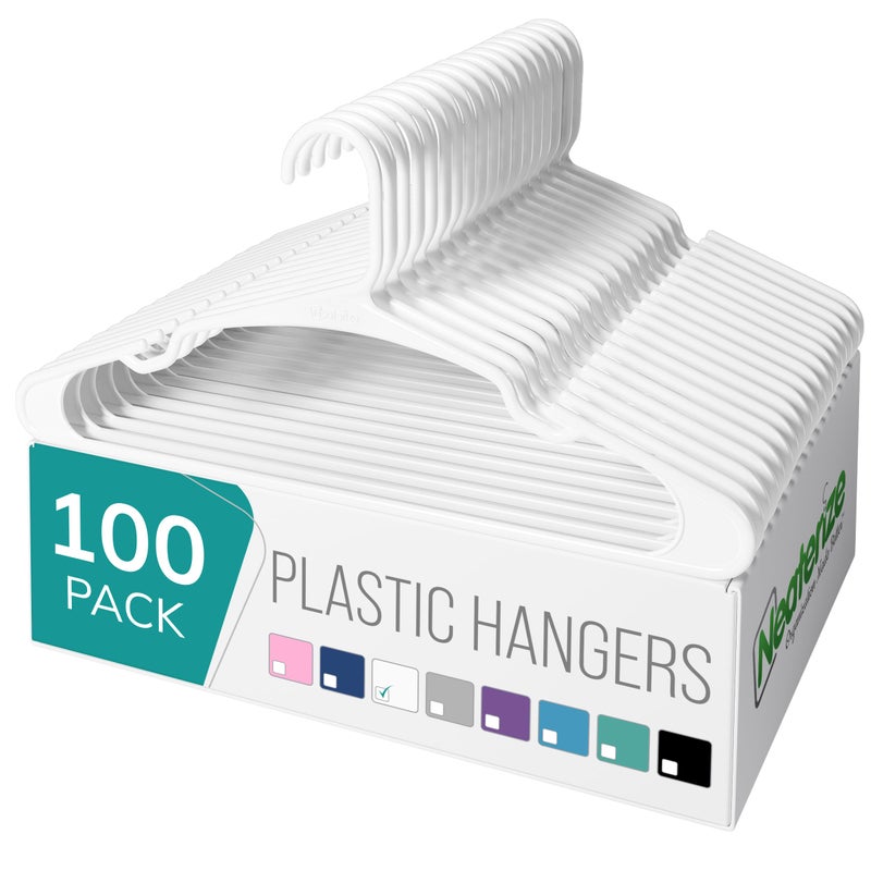 NEATERIZE Clothes Hangers Plastic 100 Pack for Adults - Plastic Hangers, The Perfect Coat Hanger and Space Saving Clothes Hangers for Closet - White Hangers - Image 1
