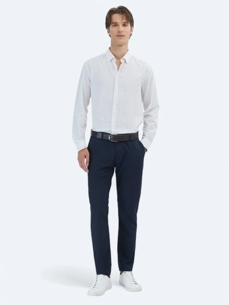 كيب قميص قطني 100% مخطط باللون الأزرق، بقصة عادية وطويلة، مناسب للإطلالات الكاجوال.