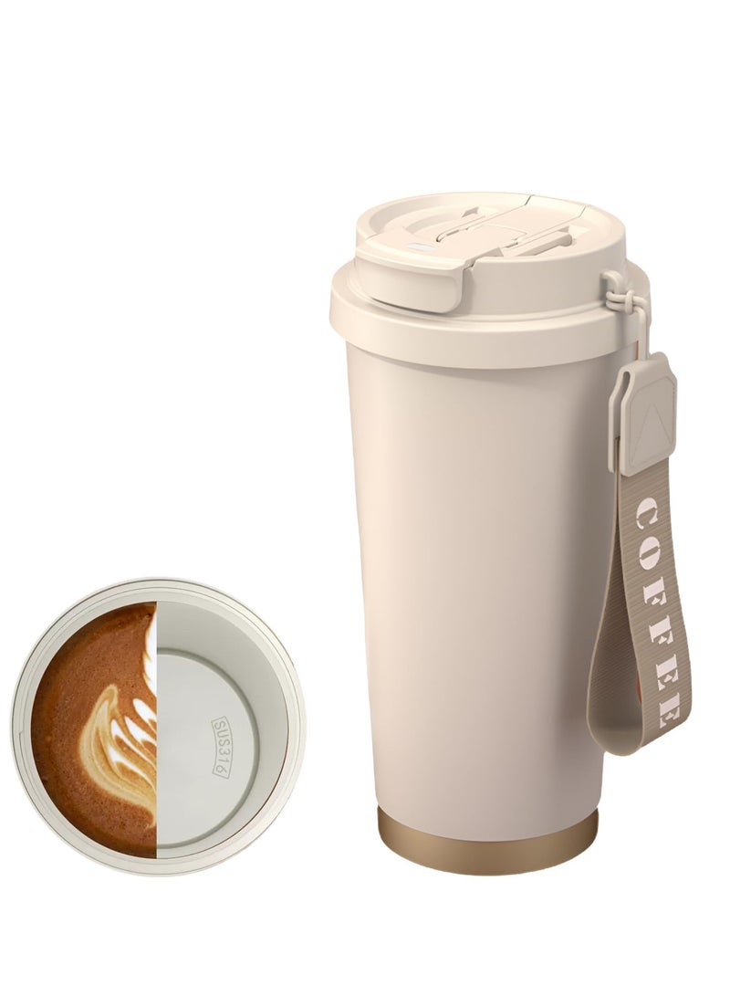 إكسفور كوب قهوة للسفر مع غطاء وقش وفوهة للشرب، كوب من الفولاذ المقاوم للصدأ سعة 18 أونصة 316 مع حبل، كوب قهوة ساخن ومثلج قابل لإعادة الاستخدام، كوب معزول للسيارة والتخييم (أبيض كريمي) - Image 1