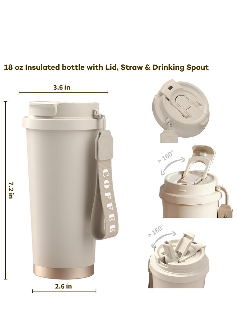إكسفور كوب قهوة للسفر مع غطاء وقش وفوهة للشرب، كوب من الفولاذ المقاوم للصدأ سعة 18 أونصة 316 مع حبل، كوب قهوة ساخن ومثلج قابل لإعادة الاستخدام، كوب معزول للسيارة والتخييم (أبيض كريمي) - Image 2