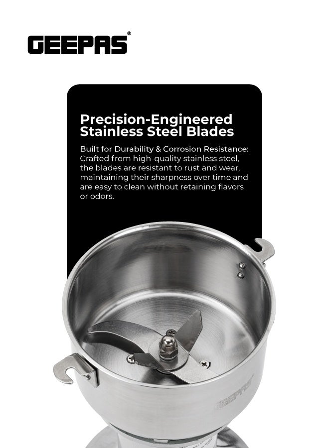 GEEPAS Powerful Electric Mill Grinder: Coffee, Spice & Bread Grinding - 300g Capacity, Stainless Steel, Ergonomic Grip 0.3 kg 1600 W GCG41026 Silver - Image 2