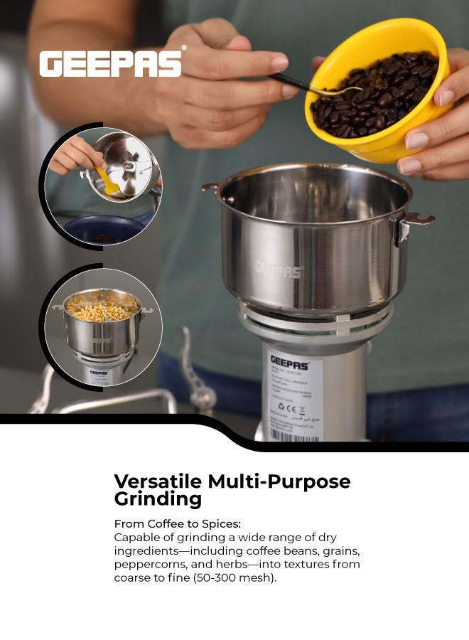 GEEPAS Powerful Electric Mill Grinder: Coffee, Spice & Bread Grinding - 300g Capacity, Stainless Steel, Ergonomic Grip 0.3 kg 1600 W GCG41026 Silver - Image 3
