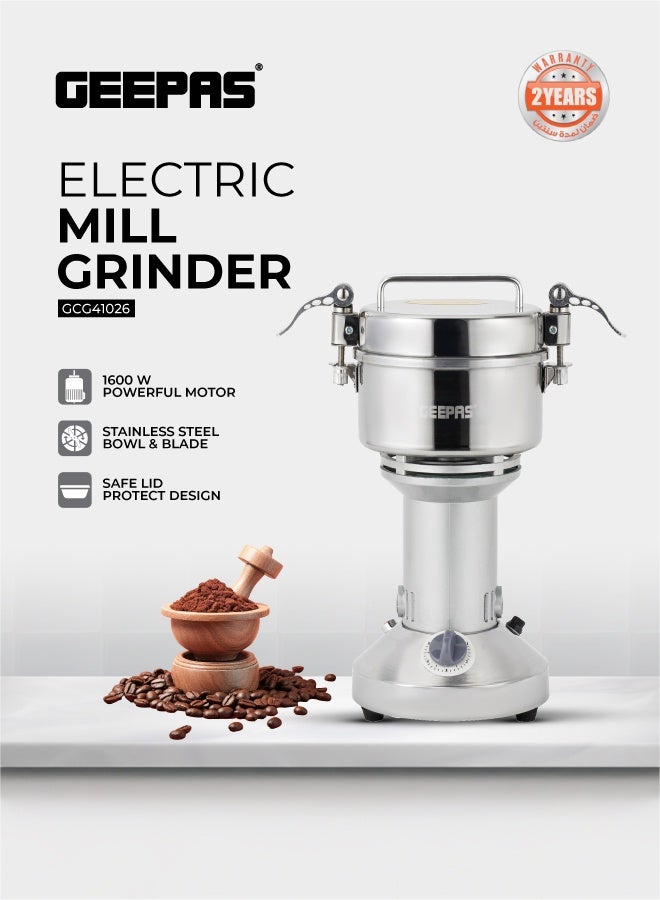 GEEPAS Powerful Electric Mill Grinder: Coffee, Spice & Bread Grinding - 300g Capacity, Stainless Steel, Ergonomic Grip 0.3 kg 1600 W GCG41026 Silver - Image 1