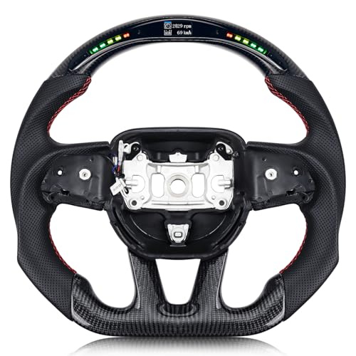VOONKE Real Carbon Fiber Steering Wheel For Dodge Charger/Challenger/Durango/Jeep Grand Cherokee/SXT/GT/RT/SRT/Heallcat D-shaped LED Shift Indicator Nappa Perforated Leather Flat-bottom Steering Wheel - Image 1