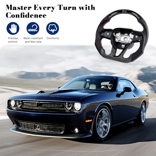 VOONKE Real Carbon Fiber Steering Wheel For Dodge Charger/Challenger/Durango/Jeep Grand Cherokee/SXT/GT/RT/SRT/Heallcat D-shaped LED Shift Indicator Nappa Perforated Leather Flat-bottom Steering Wheel - Image 5