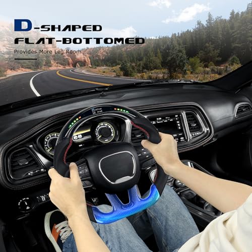 VOONKE Real Carbon Fiber Steering Wheel For Dodge Charger/Challenger/Durango/Jeep Grand Cherokee/SXT/GT/RT/SRT/Heallcat D-shaped LED Shift Indicator Nappa Perforated Leather Flat-bottom Steering Wheel - Image 4