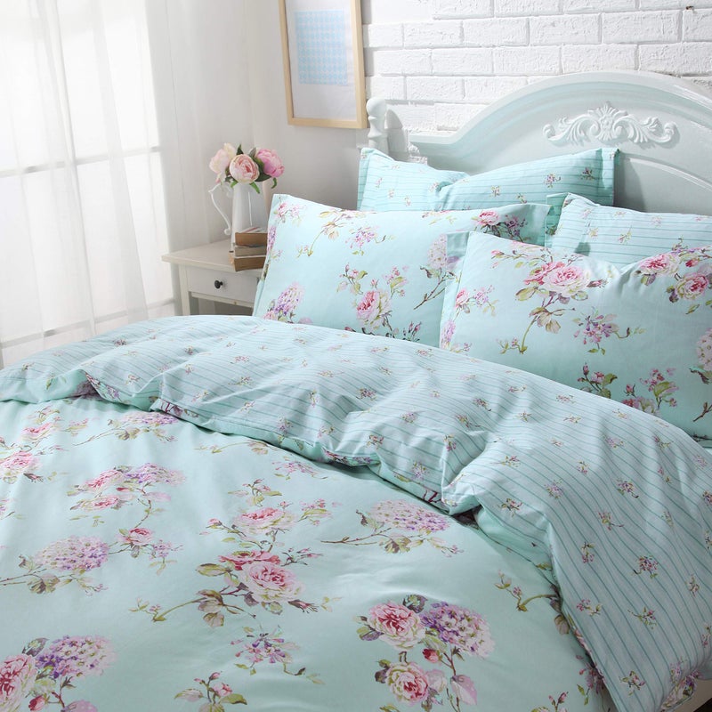 FADFAY Bed in a Bag Set 7Pieces Shabby Floral Bedding Set King Size Premium 100 Cotton Hydrangea French Country Deep Pocket Sheets Zipper Duvet Cover Pillowcase Set